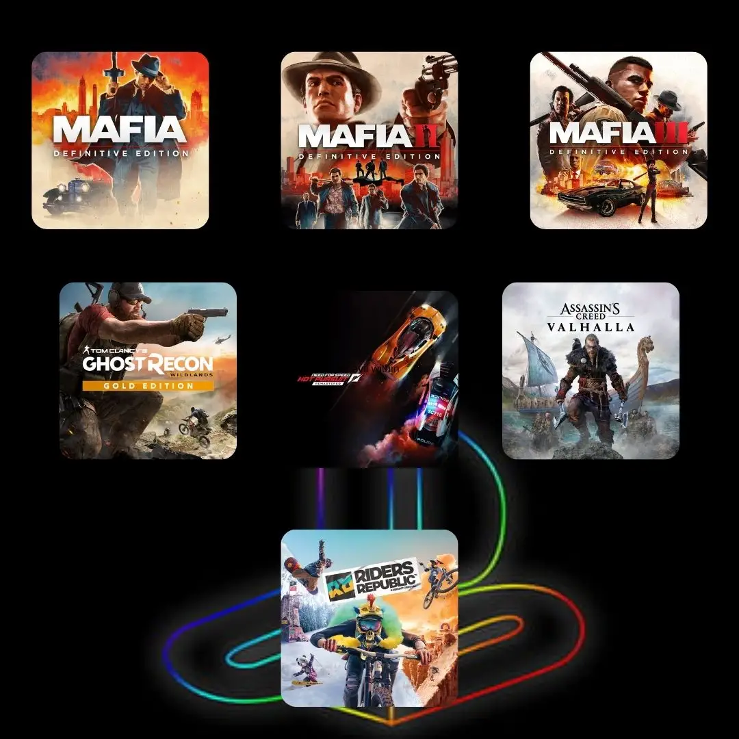 Pack PS4 & PS5: Mafia Trilogy + Riders Republic + Ghost Recon Wildlands Y2 Gold + NFS Hot Pursuit Remastered + Assassin’s Creed Valhalla